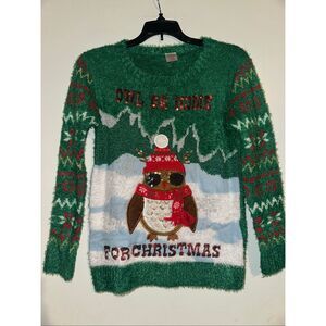 Holiday Time Girls Christmas Sweater, Owl Be Home For Christmas Fuzzy Size Large